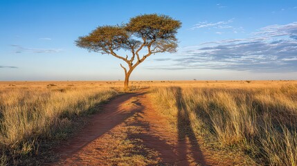 Solitary Tree Silhouette on Golden Field Under Blue Sky in Rural Landscape During Clear Daylight with Pathway and Horizon View