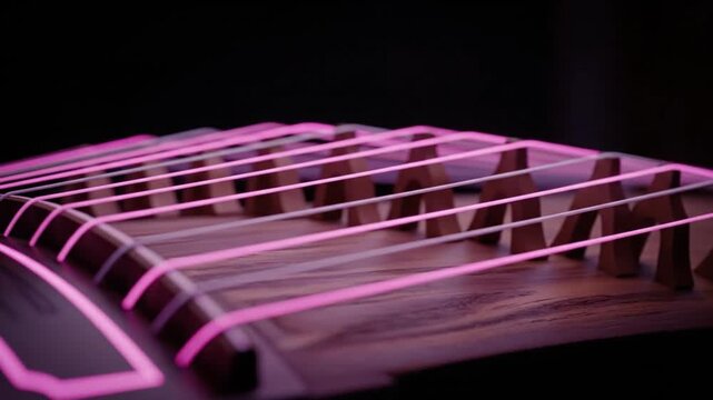 Futuristic Guzheng with Glowing Pink Neon Strings: A Close-Up of a Traditional Musical Instrument with Cyberpunk Aesthetic