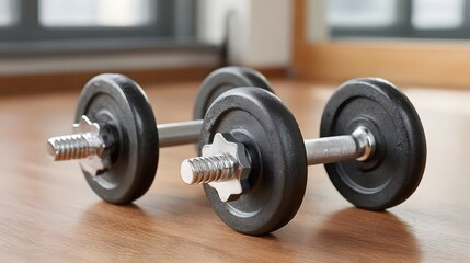 Pair of adjustable dumbbells with black weight plates placed side by side on a polished wooden floor
