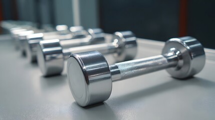 A row of gleaming chrome dumbbells arranged neatly on a gray surface ready for a fitness workout