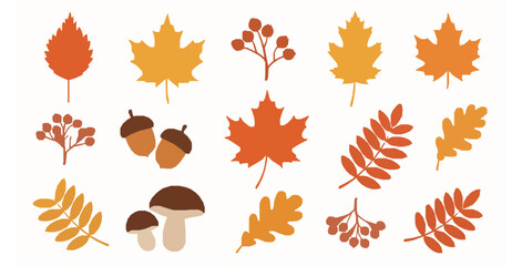 Hand drawn autumn leaves mushrooms and acorns flat vector sticker set © MdRaisul