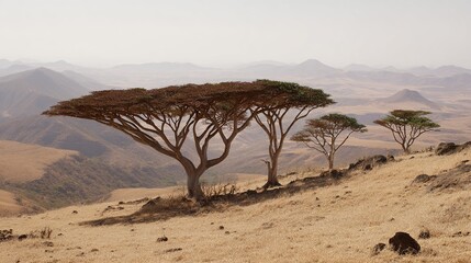 boswellia. A sparse grove of Boswellia trees on a dry hillside under a hot, shimmering sky. travel magazines, destination branding, designed for travel destination branding, used by PR specialists.