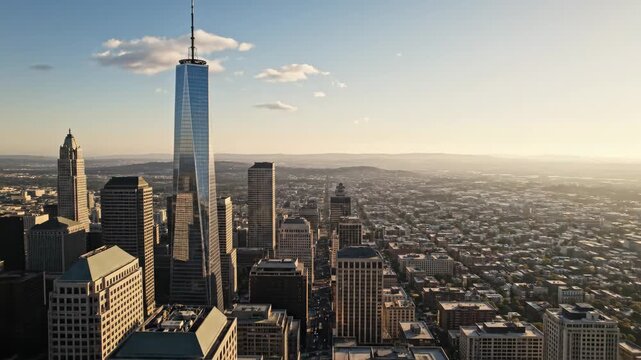 Panoramic aerial view of a modern cityscape at golden hour with towering skyscraper and urban sprawl