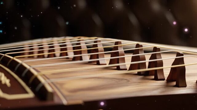 Close-up of Traditional Chinese Guzheng Zither with Magical Sparkling Particles and Ethereal Lighting