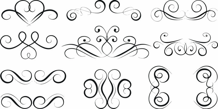 Collection of ornate black swirls and flourishes on a white background