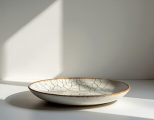 minimalist empty ceramic bowl with a cracked glaze pattern on a white surface, featuring dramatic natural sunlight and shadow