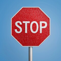 Obraz premium Red octagonal stop sign with white text on blue background. Vector traffic regulation symbol for road safety, driving instructions, and transportation infographics.