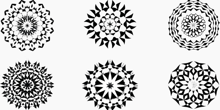 Six black and white floral patterned circular designs arranged in a grid