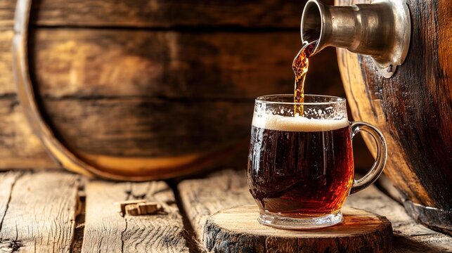 flagon. A metal flagon pouring dark ale into a wooden mug on a rustic tavern table. bar promotions, beverage menus, designed for product packaging and bar promotions, used by web designers.