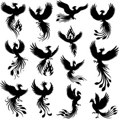 Obraz premium Silhouette Collection Flying Phoenix Mythical Bird Fire Spirit Animal Illustration