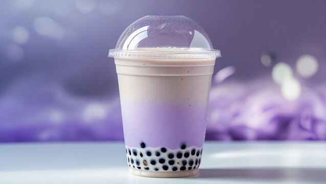 Fresh taro milk tea with tapioca pearls in transparent cup, minimal style, white background, and soft bokeh.