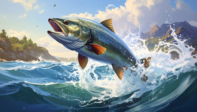 A large fish jumps out of the water with a mountainous background