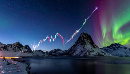 A graph overlays snowy mountains, aurora borealis sky