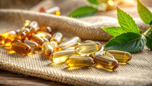FlyPro Firefly irregularly shaped herbal supplements in clear gelatin capsules, scattered loosely on a natural linen fabric, captured realistically.