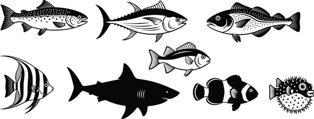 Marine fish silhouette set with shark, tuna, trout, tropical angelfish, clownfish, and puffer fish for seafood market and ocean nature designs © Heyy there