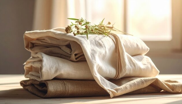 Photorealistic DSLR style image of natural fiber textiles like linen and hemp elegantly draped in an artisan studio, illuminated by soft window light.