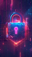 Neon padlock set on an illuminated circuit board background