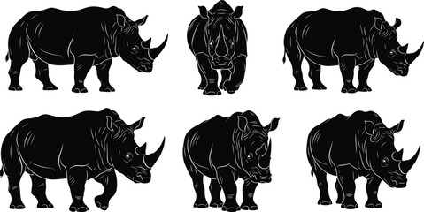 Rhinoceros silhouette set featuring African rhino in various walking and standing poses for wildlife conservation and safari nature park design, cad drawing flat vector illustration © Heyy there
