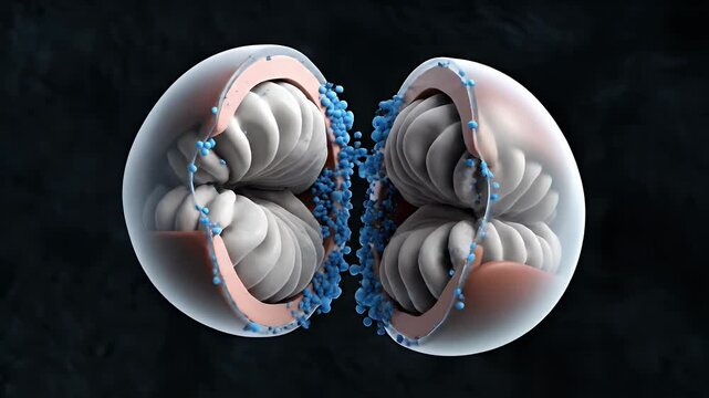 Cell Division Process Visualization in 3D Rendering on Dark Background Biology Scientific Concept