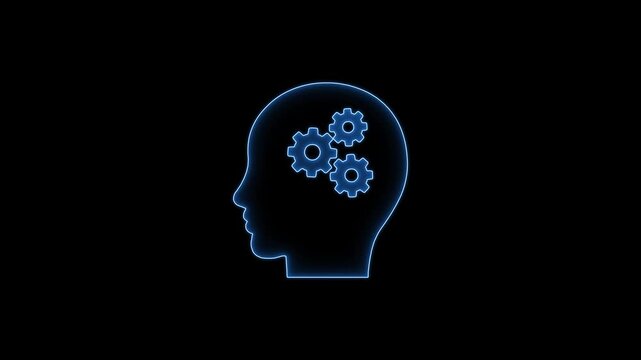 blue neon human head outline with three spinning gears animation over black background
