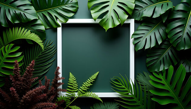 White square frame surrounded by lush monstera and tropical leaves