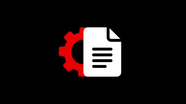 A red spinning gear with white document icon on a black background, representing settings and files