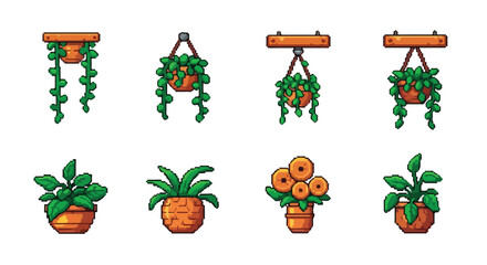 Fototapeta premium This vector displays a charming set of eight pixel art illustrations of diverse potted plants, including both tabletop and hanging varieties.