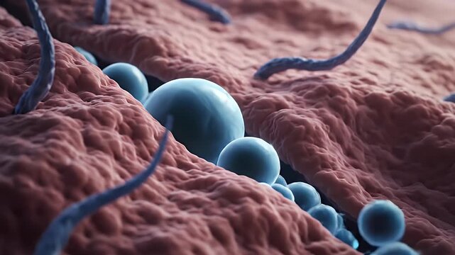 Cellular Microscopic View with Spherical and Filamentous Structures and Pink Tissue Background for