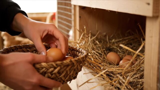 Close up of farmer collecting fresh brown eggs in wicker basket