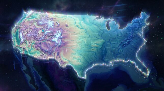 Futuristic glowing topographic United States map