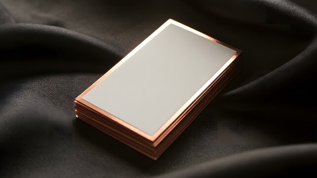Stack of blank copper business cards on elegant black fabric