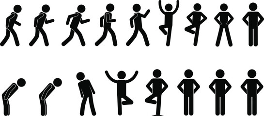 Stick figure icons set of people walking, running, bowing, balancing on one leg, practicing yoga poses, and standing in various active body language positions © Itz Majbahuil Here