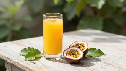 Fototapeta premium A tall glass of fresh passion fruit juice on a rustic wooden table with halved fruit and green leaves in a sunny outdoor setting capturing natural beauty and authentic wellness moments.