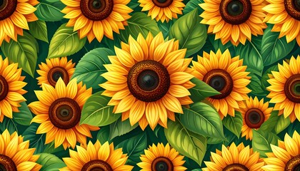 A vibrant, digitally-rendered field of sunflowers bursting with warm yellows, oranges and deep brown centres, surrounded by green leaves against a dark backdrop