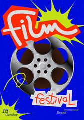 Retro movie festival poster design template with film reel and handwriting typography grunge paper collage art style