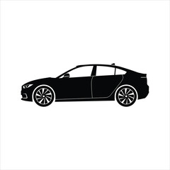 Fototapeta premium A sleek black sedan car silhouette with detailed rims and a shark fin antenna on a white background