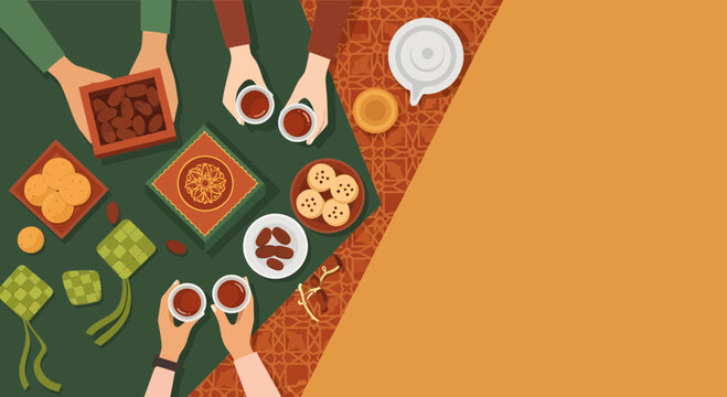 Ramadan Iftar Concept with People Hands Sharing Food, Dates, Tea, and Ketupat on Table Top View Illustration