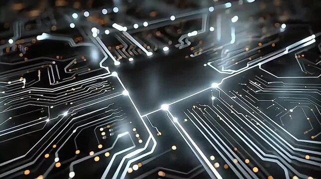 Abstract Glowing Orange Circuit Board Pathways Representing Data Transmission