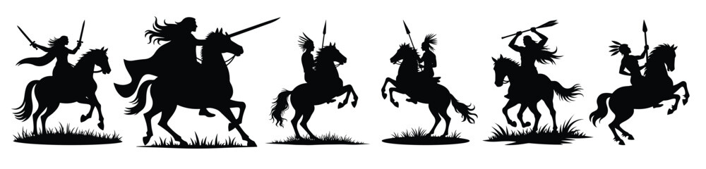 Fototapeta premium Six Black Silhouettes of Warriors on Horses riding
