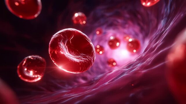 A Stunning Visual Exploration of Red Blood Cells Moving Through a Vascular Environment, Highlighting Their Structure and Surrounding Plasma Dynamics in Motion