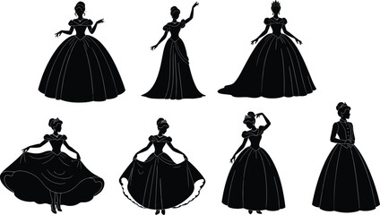 Silhouette set of princess woman in long dress, queen wearing crown and ball gown, fairy tale girl collection, vector illustration isolated on white. © Shilpi