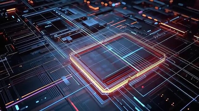 Digital circuit board with glowing teal data lines flowing on dark background