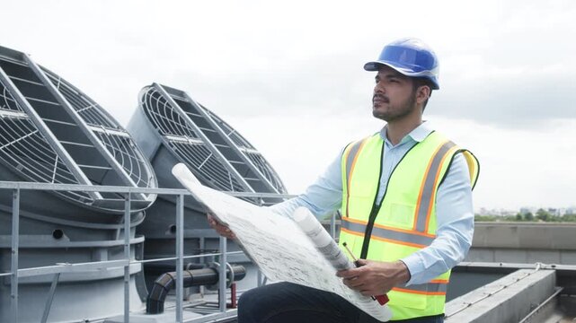 Two construction engineers in safety gear examine industrial HVAC units on rooftop, pointing and discussing project progress and setup.