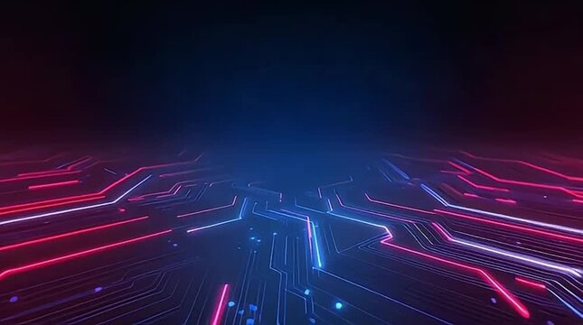 Digital Circuit Board Network with Glowing Blue Data Connections on Dark Background