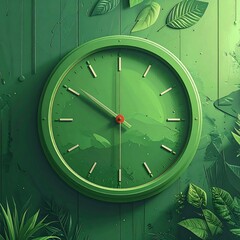 A green clock and leaves adorning a matching wall; nature's time