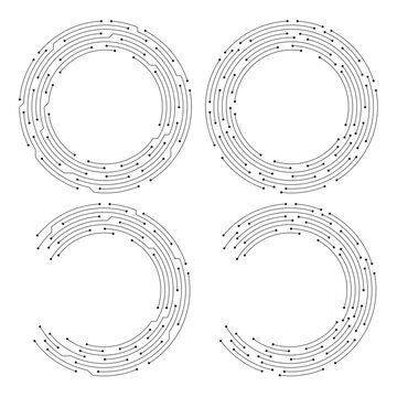 Circuit board circle line dots connection. Tech elements design. High-tech circuit board connection system. Geometric tech pattern. Vector illustration. Editable stroke.