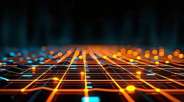 Dual Glowing Circuit Board with Contrasting Blue and Orange Data Paths