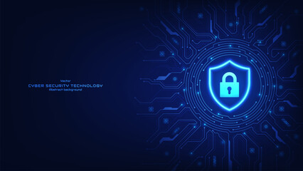 Concept of cybersecurity and personal data protection. Protection shield with a padlock on a futuristic circuit board. Computer network protection concept. Business security. Vector illustration. © S and V Design