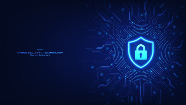 Concept of cybersecurity and personal data protection. Protection shield with a padlock on a futuristic circuit board. Computer network protection concept. Business security. Vector illustration.