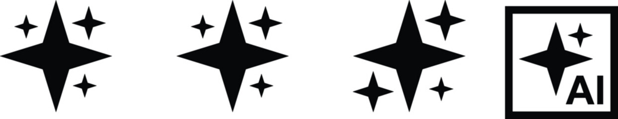 Obraz premium Black sparkle star icons set, abstract shining stars collection, luxury glitter light symbols isolated on white background vector illustration